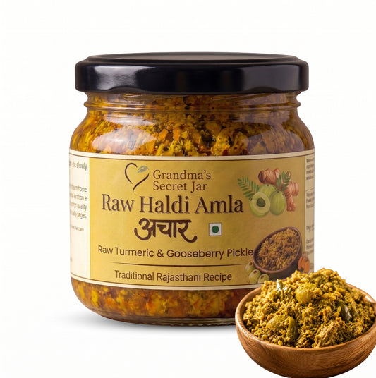 Grandma's Secret Jar Raw Turmeric and Amla pickle | Kachchi Haldi Amla Achaar | Small Batch | Mustard Oil | No Chemical Preservatives | Grandma's Signature Recipe | 300 g