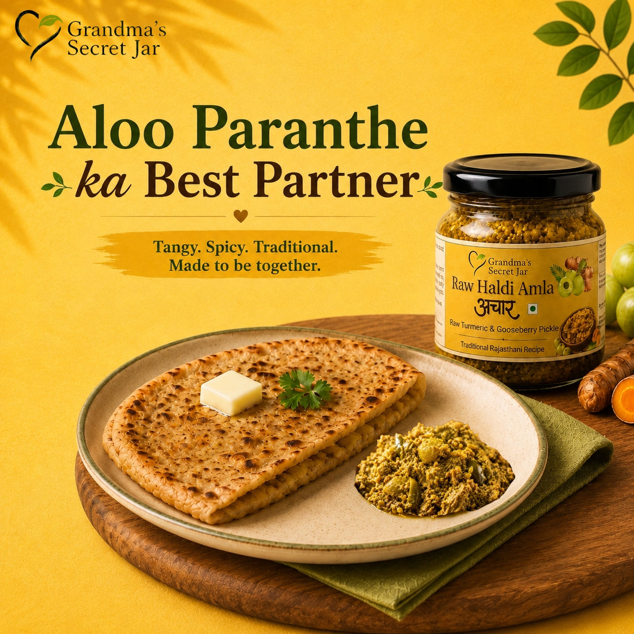 Grandma's Secret Jar Raw Turmeric and Amla pickle | Kachchi Haldi Amla Achaar | Small Batch | Mustard Oil | No Chemical Preservatives | Grandma's Signature Recipe | 300 g