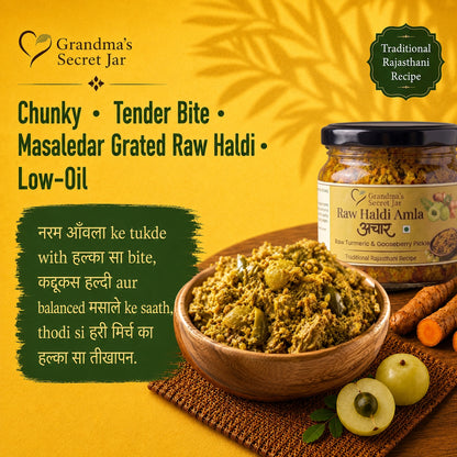 Grandma's Secret Jar Raw Turmeric and Amla pickle | Kachchi Haldi Amla Achaar | Small Batch | Mustard Oil | No Chemical Preservatives | Grandma's Signature Recipe | 300 g