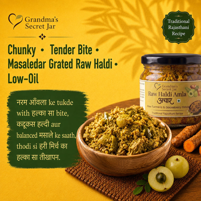 Grandma's Secret Jar Raw Turmeric and Amla pickle | Kachchi Haldi Amla Achaar | Small Batch | Mustard Oil | No Chemical Preservatives | Grandma's Signature Recipe | 300 g