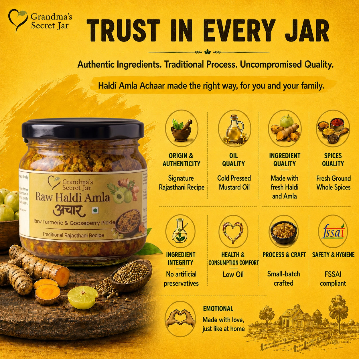 Grandma's Secret Jar Raw Turmeric and Amla pickle | Kachchi Haldi Amla Achaar | Small Batch | Mustard Oil | No Chemical Preservatives | Grandma's Signature Recipe | 300 g