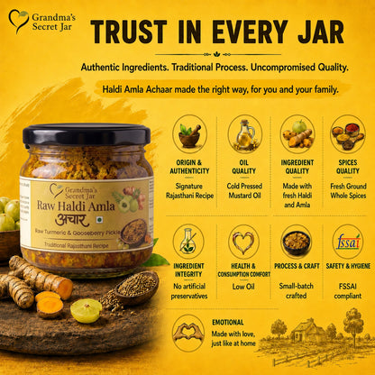 Grandma's Secret Jar Raw Turmeric and Amla pickle | Kachchi Haldi Amla Achaar | Small Batch | Mustard Oil | No Chemical Preservatives | Grandma's Signature Recipe | 300 g