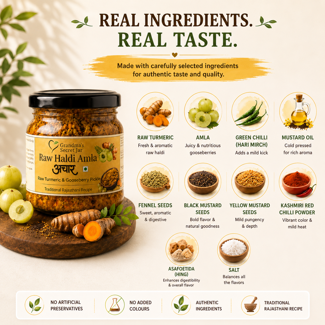 Grandma's Secret Jar Raw Turmeric and Amla pickle | Kachchi Haldi Amla Achaar | Small Batch | Mustard Oil | No Chemical Preservatives | Grandma's Signature Recipe | 300 g