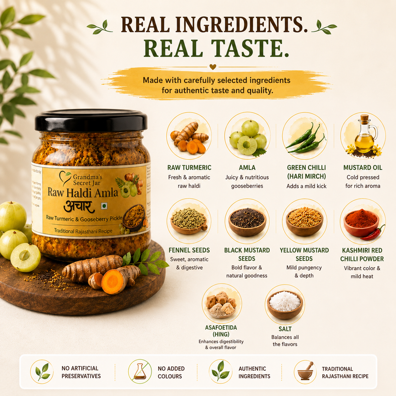 Grandma's Secret Jar Raw Turmeric and Amla pickle | Kachchi Haldi Amla Achaar | Small Batch | Mustard Oil | No Chemical Preservatives | Grandma's Signature Recipe | 300 g