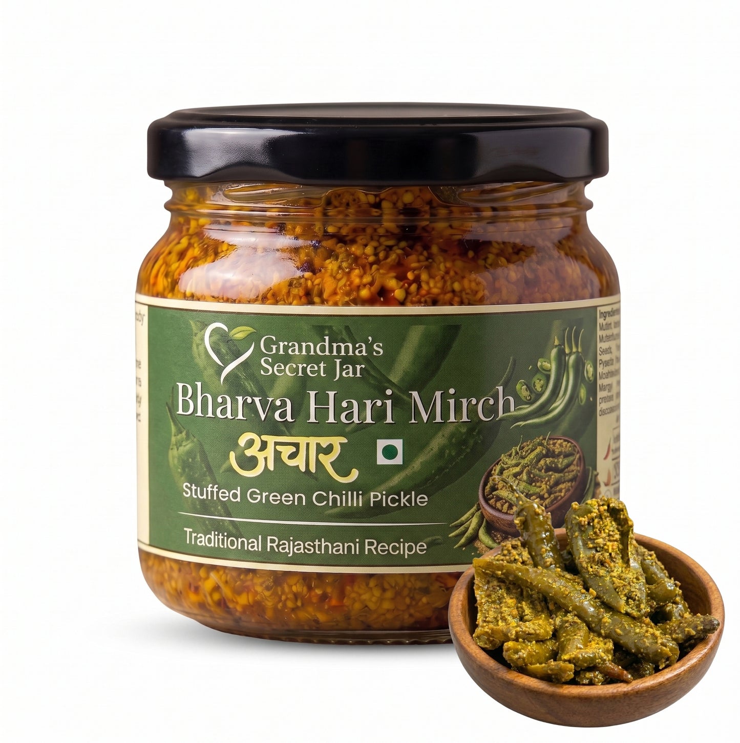 Grandma's Secret Jar Stuffed Green Chilli Pickle (300 g) | Bharvaan Hari Mirch Achaar | Small Batch | Mustard Oil | No Chemical Preservatives | Traditional Rajasthani Recipe