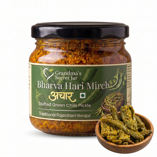 Grandma's Secret Jar Stuffed Green Chilli Pickle (300 g) | Bharvaan Hari Mirch Achaar | Small Batch | Mustard Oil | No Chemical Preservatives | Traditional Rajasthani Recipe