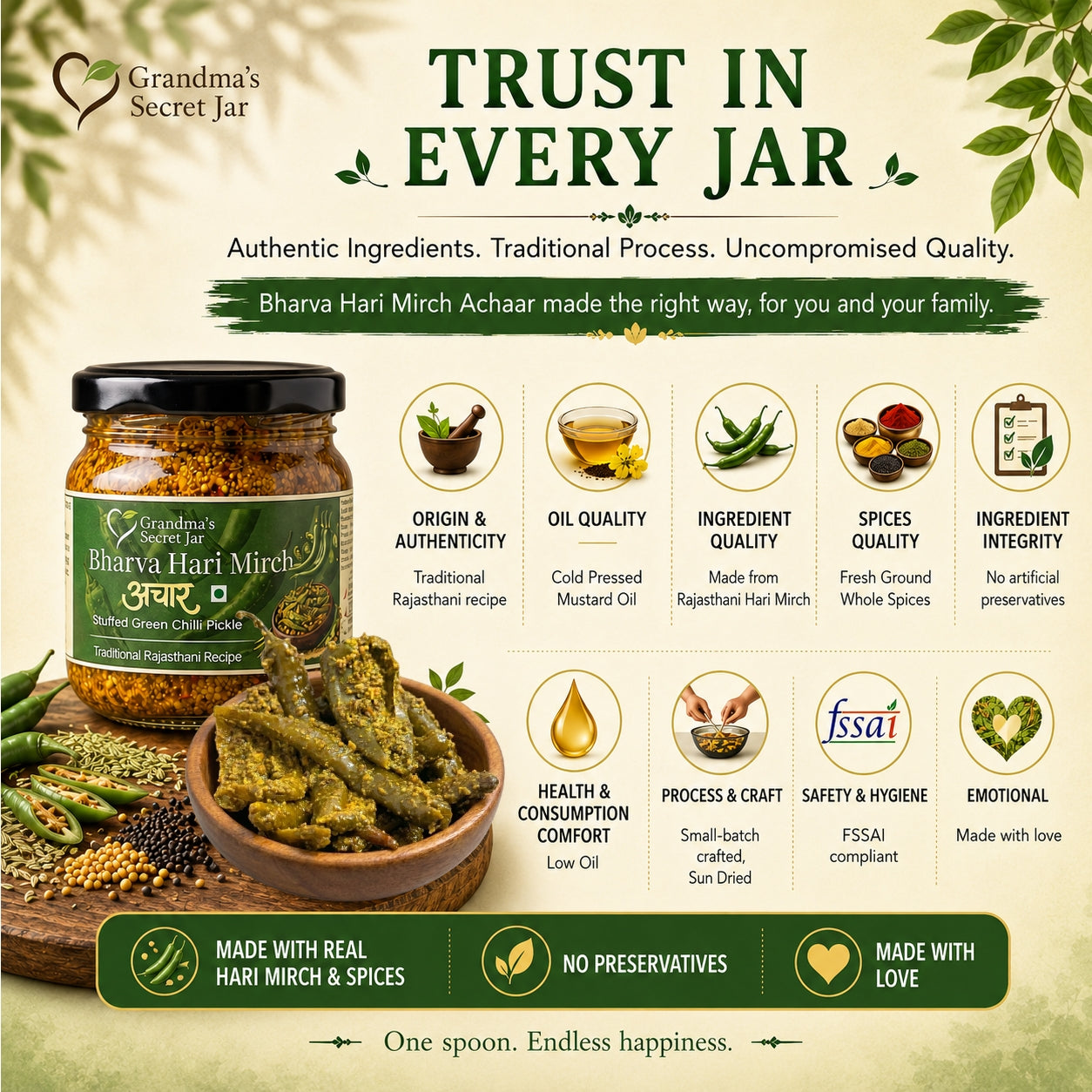 Grandma's Secret Jar Stuffed Green Chilli Pickle (300 g) | Bharvaan Hari Mirch Achaar | Small Batch | Mustard Oil | No Chemical Preservatives | Traditional Rajasthani Recipe