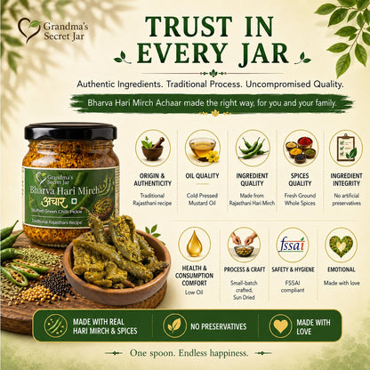 Grandma's Secret Jar Stuffed Green Chilli Pickle (300 g) | Bharvaan Hari Mirch Achaar | Small Batch | Mustard Oil | No Chemical Preservatives | Traditional Rajasthani Recipe