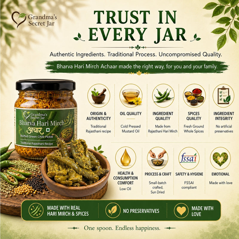 Grandma's Secret Jar Stuffed Green Chilli Pickle (300 g) | Bharvaan Hari Mirch Achaar | Small Batch | Mustard Oil | No Chemical Preservatives | Traditional Rajasthani Recipe