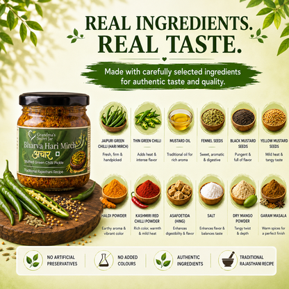 Grandma's Secret Jar Stuffed Green Chilli Pickle (300 g) | Bharvaan Hari Mirch Achaar | Small Batch | Mustard Oil | No Chemical Preservatives | Traditional Rajasthani Recipe