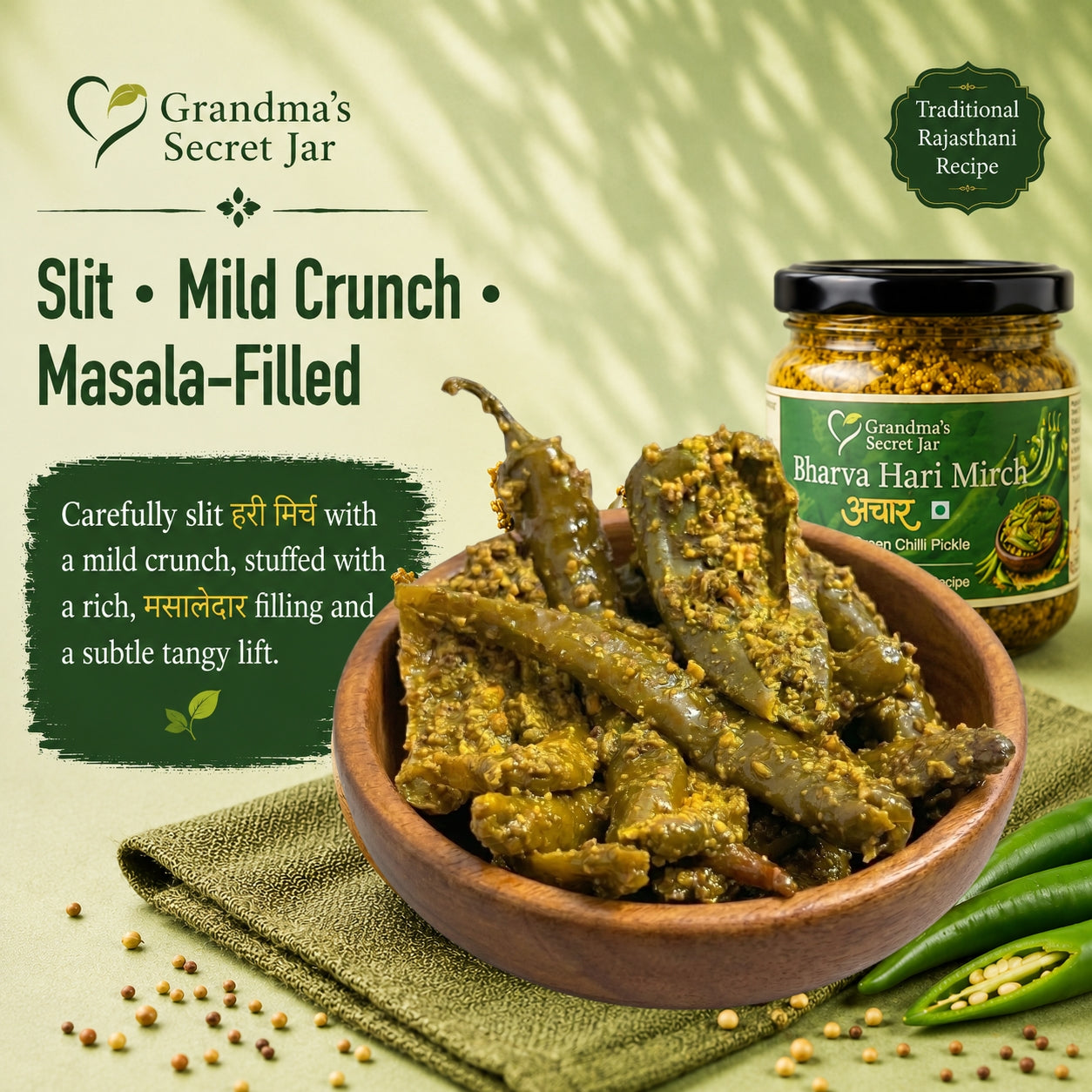Grandma's Secret Jar Stuffed Green Chilli Pickle (300 g) | Bharvaan Hari Mirch Achaar | Small Batch | Mustard Oil | No Chemical Preservatives | Traditional Rajasthani Recipe