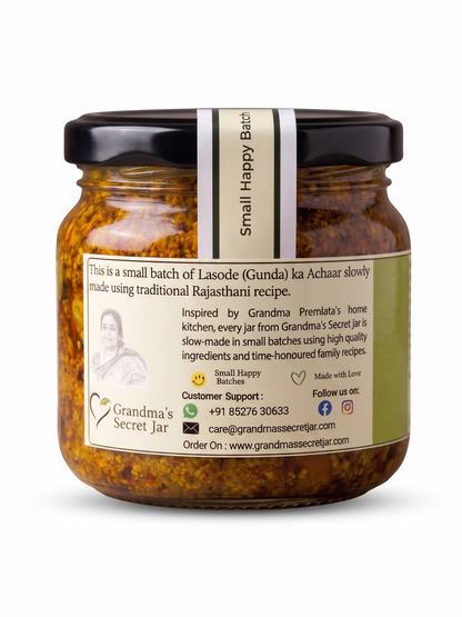 Grandma's Secret Jar Lasoda Gunda Pickle (300 g) | Lasode Ka Achaar | Gunda Achaar | Small Batch | Mustard Oil | No Chemical Preservatives | Traditional Rajasthani Recipe | 300g