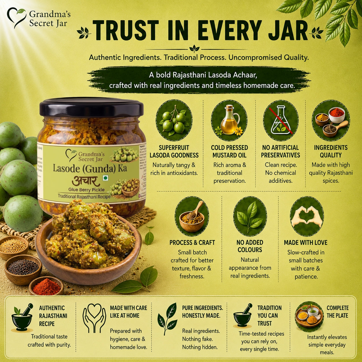 Grandma's Secret Jar Lasoda Gunda Pickle (300 g) | Lasode Ka Achaar | Gunda Achaar | Small Batch | Mustard Oil | No Chemical Preservatives | Traditional Rajasthani Recipe | 300g