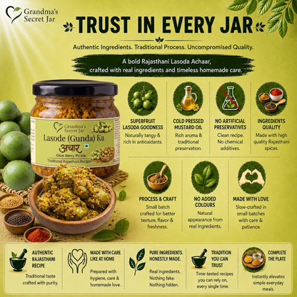 Grandma's Secret Jar Lasoda Gunda Pickle (300 g) | Lasode Ka Achaar | Gunda Achaar | Small Batch | Mustard Oil | No Chemical Preservatives | Traditional Rajasthani Recipe | 300g