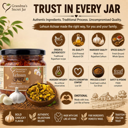 Grandma's Secret Jar Garlic Pickle (300 g) | Lehsun Ka Achaar | Small Batch | Mustard Oil | No Chemical Preservatives | Traditional Rajasthani Recipe