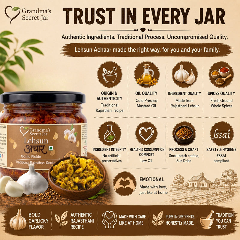 Grandma's Secret Jar Garlic Pickle (300 g) | Lehsun Ka Achaar | Small Batch | Mustard Oil | No Chemical Preservatives | Traditional Rajasthani Recipe