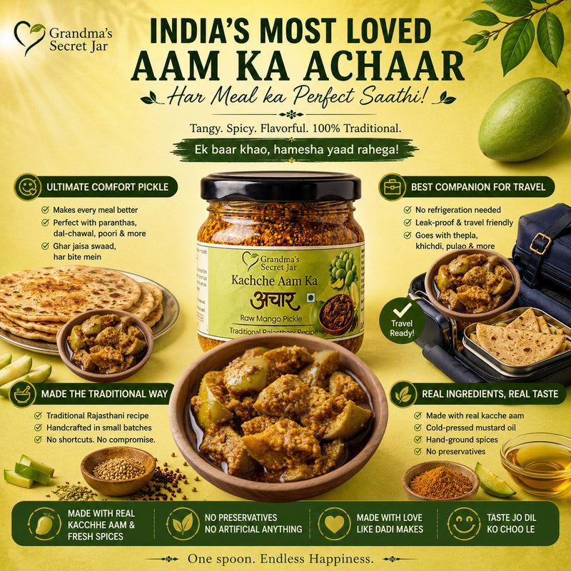 Grandma's Secret Jar Mango Pickle (325 g) | Kachche Aam ka Achaar | Small Batch | Mustard Oil | No Chemical Preservatives | Spicy and Tangy | Traditional Rajasthani Recipe