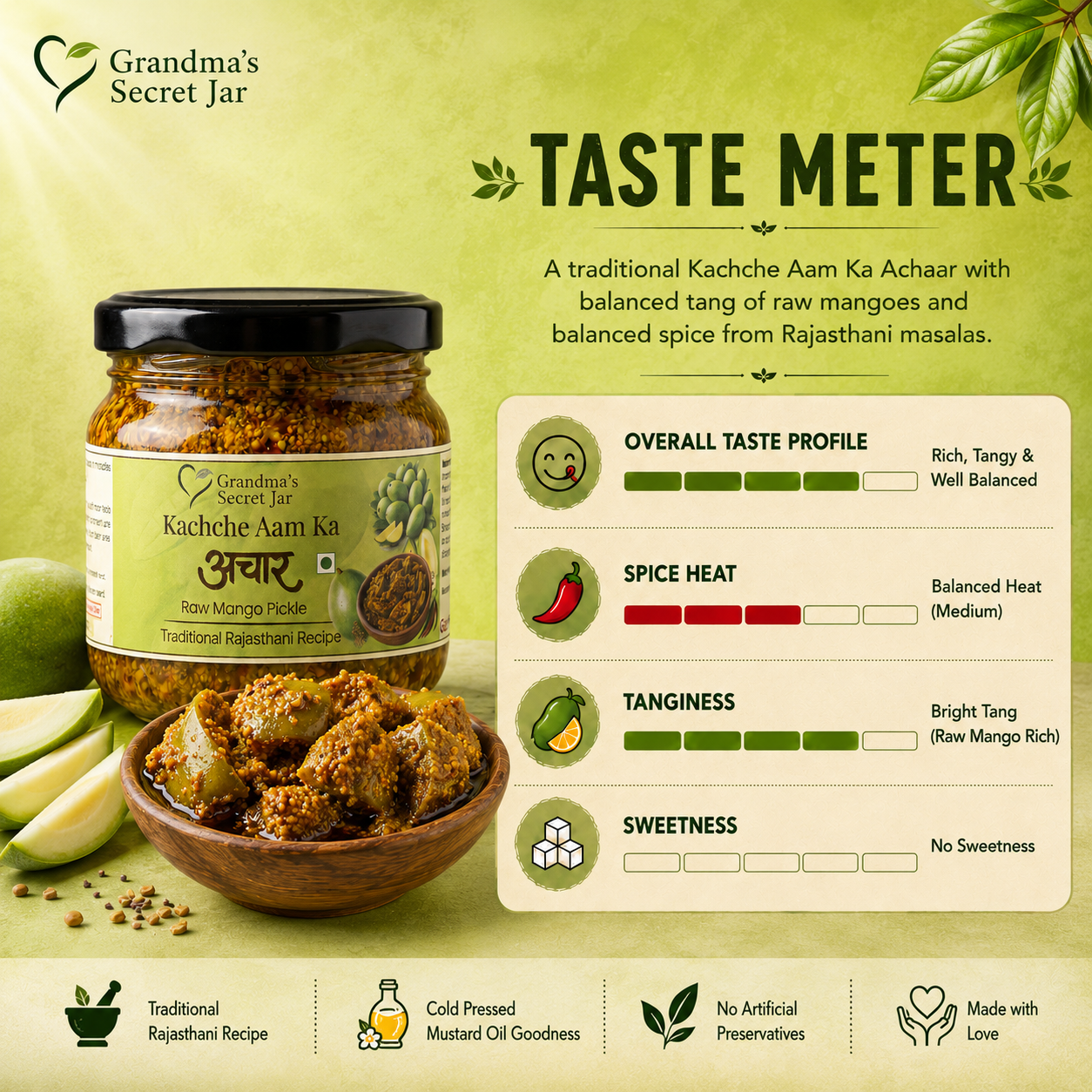 Grandma's Secret Jar Mango Pickle (325 g) | Kachche Aam ka Achaar | Small Batch | Mustard Oil | No Chemical Preservatives | Spicy and Tangy | Traditional Rajasthani Recipe