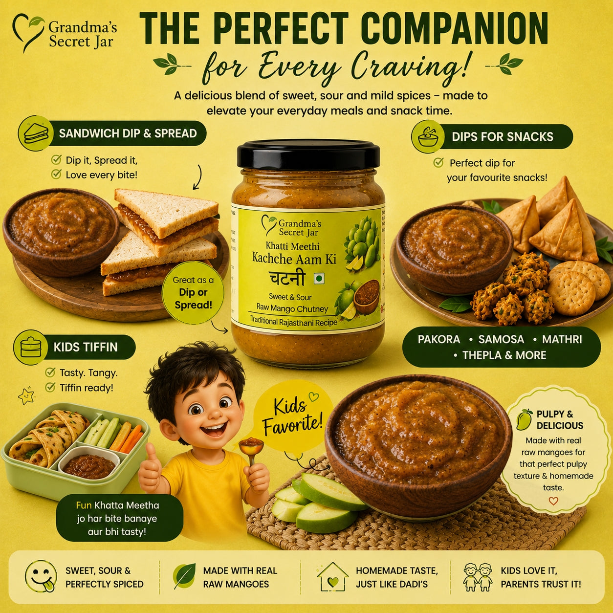 Grandma's Secret Jar Raw Mango Chutney (325 g)| Khatti Meethi Kachche Aam ki Chutney | Small Batch | Handmade | No Chemical Preservatives | Kids' Favorite