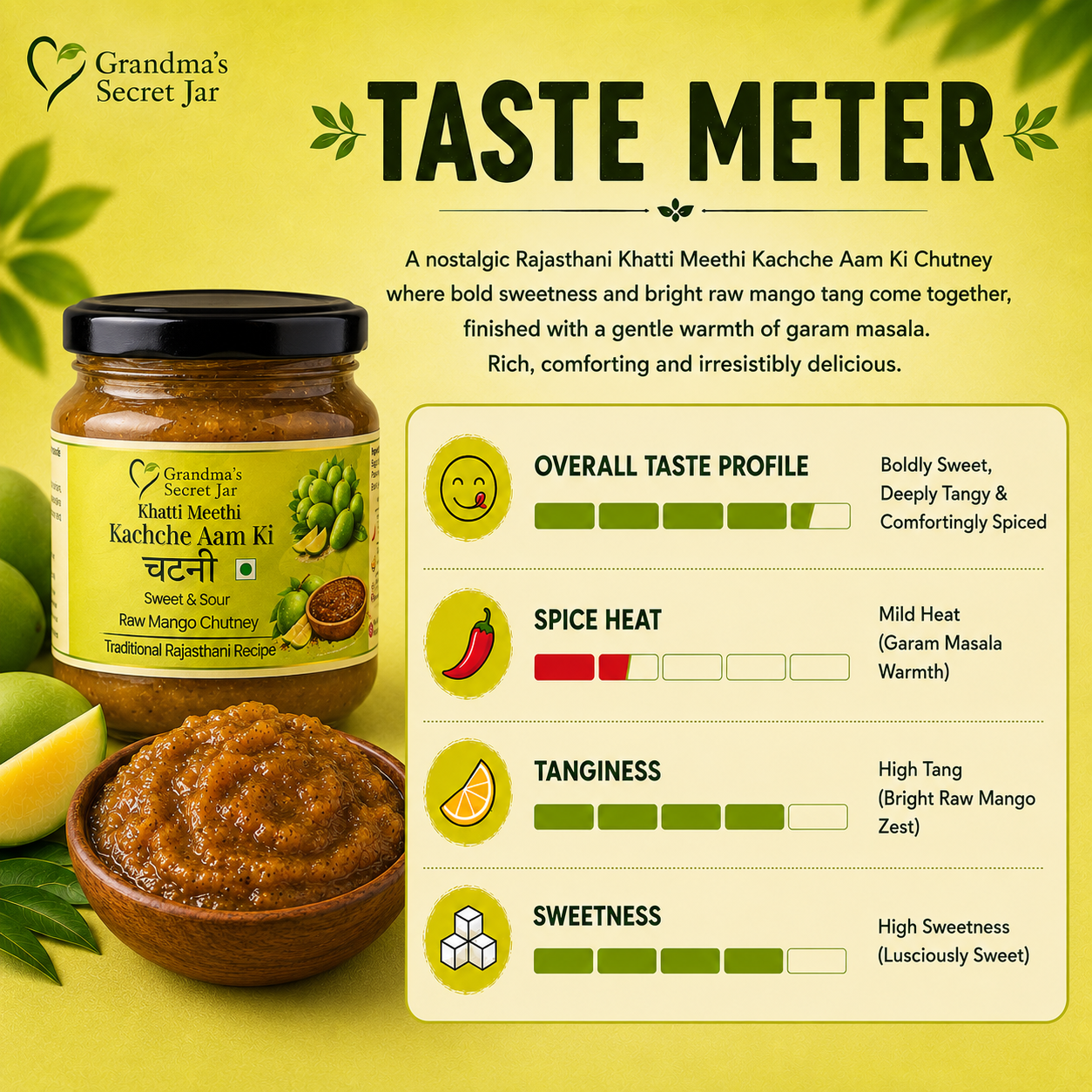 Grandma's Secret Jar Raw Mango Chutney (325 g)| Khatti Meethi Kachche Aam ki Chutney | Small Batch | Handmade | No Chemical Preservatives | Kids' Favorite