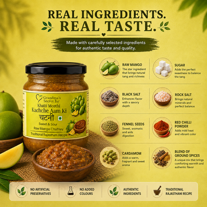 Grandma's Secret Jar Raw Mango Chutney (325 g)| Khatti Meethi Kachche Aam ki Chutney | Small Batch | Handmade | No Chemical Preservatives | Kids' Favorite