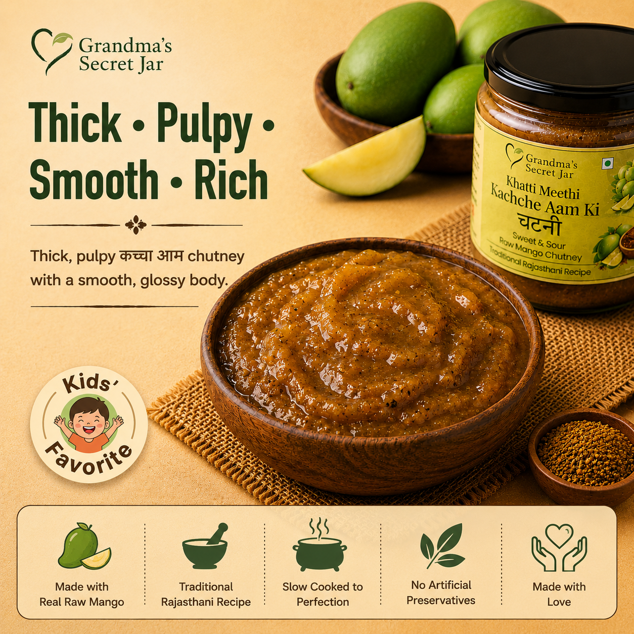 Grandma's Secret Jar Raw Mango Chutney (325 g)| Khatti Meethi Kachche Aam ki Chutney | Small Batch | Handmade | No Chemical Preservatives | Kids' Favorite