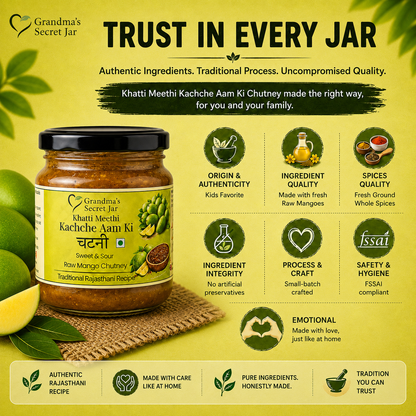 Grandma's Secret Jar Raw Mango Chutney (325 g)| Khatti Meethi Kachche Aam ki Chutney | Small Batch | Handmade | No Chemical Preservatives | Kids' Favorite