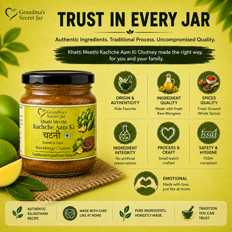 Grandma's Secret Jar Raw Mango Chutney (325 g)| Khatti Meethi Kachche Aam ki Chutney | Small Batch | Handmade | No Chemical Preservatives | Kids' Favorite