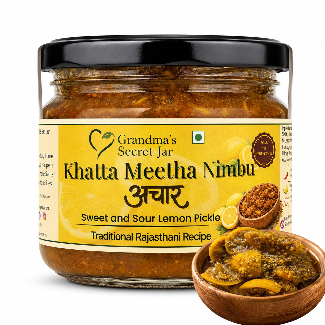 Grandma's Secret Jar Lemon pickle (350 g) | Khatta Meetha Nimbu Achaar | Aged to Perfection | Small Batch | Handmade | No Chemical Preservatives