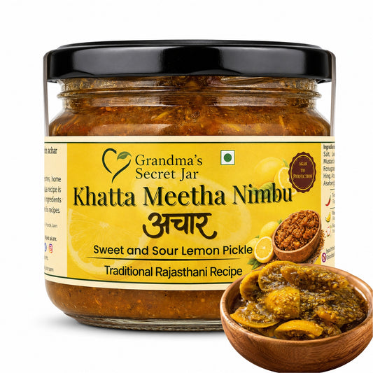 Grandma's Secret Jar Lemon pickle (350 g) | Khatta Meetha Nimbu Achaar | Aged to Perfection | Small Batch | Handmade | No Chemical Preservatives