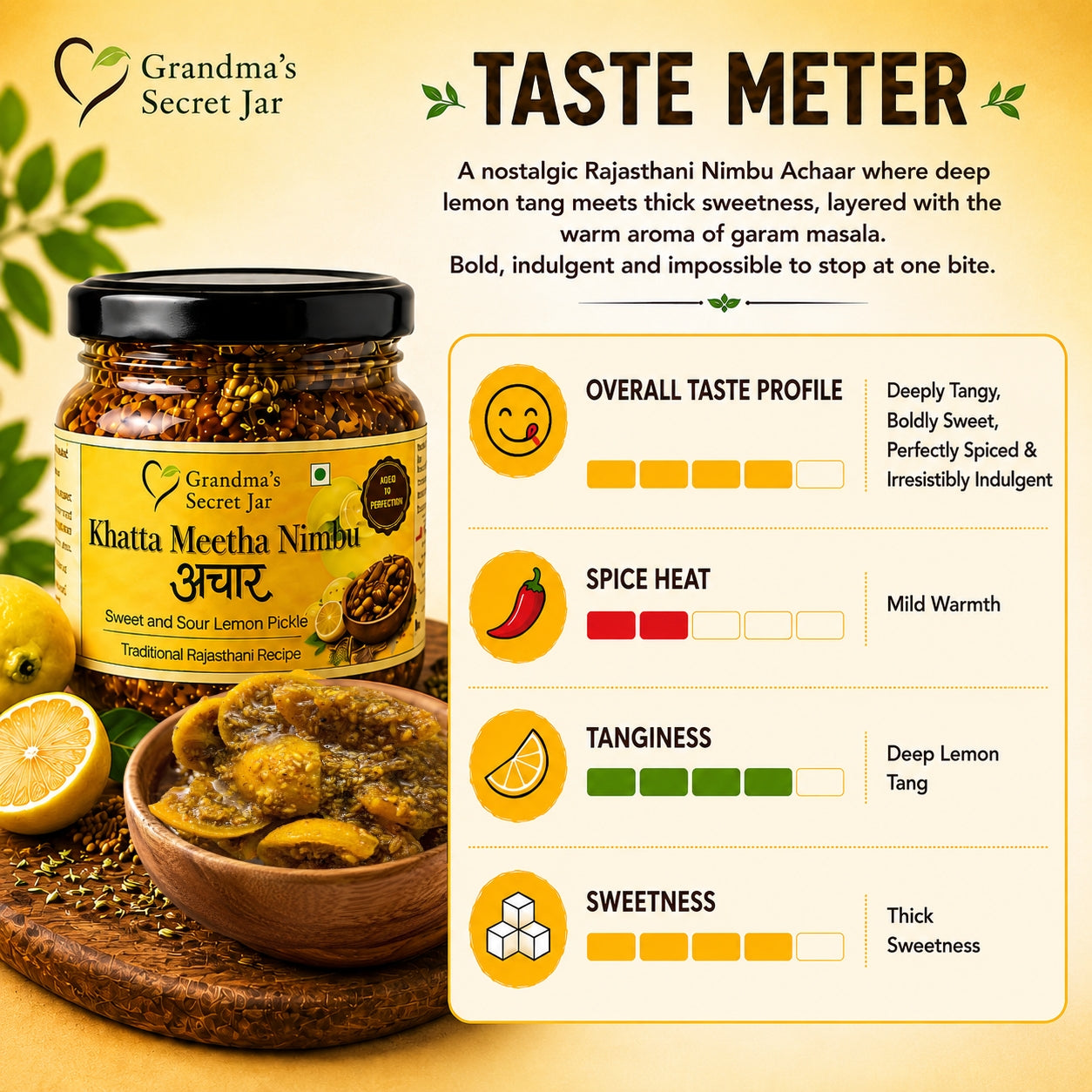 Grandma's Secret Jar Lemon pickle (350 g) | Khatta Meetha Nimbu Achaar | Aged to Perfection | Small Batch | Handmade | No Chemical Preservatives
