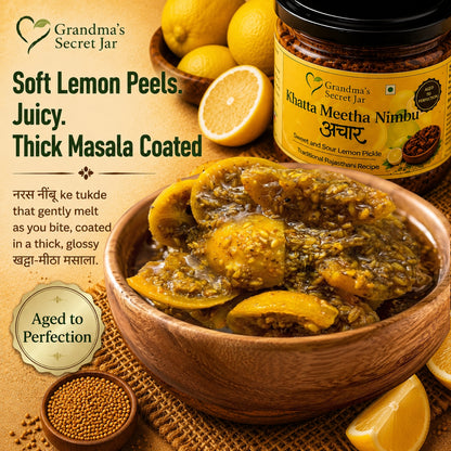 Grandma's Secret Jar Lemon pickle (350 g) | Khatta Meetha Nimbu Achaar | Aged to Perfection | Small Batch | Handmade | No Chemical Preservatives