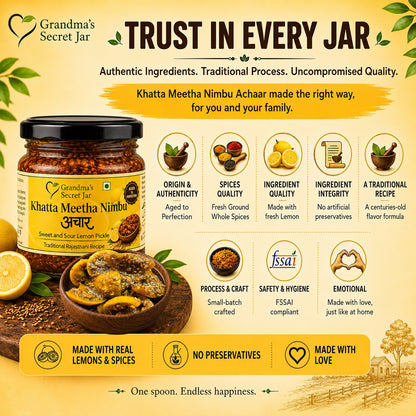 Grandma's Secret Jar Lemon pickle (350 g) | Khatta Meetha Nimbu Achaar | Aged to Perfection | Small Batch | Handmade | No Chemical Preservatives