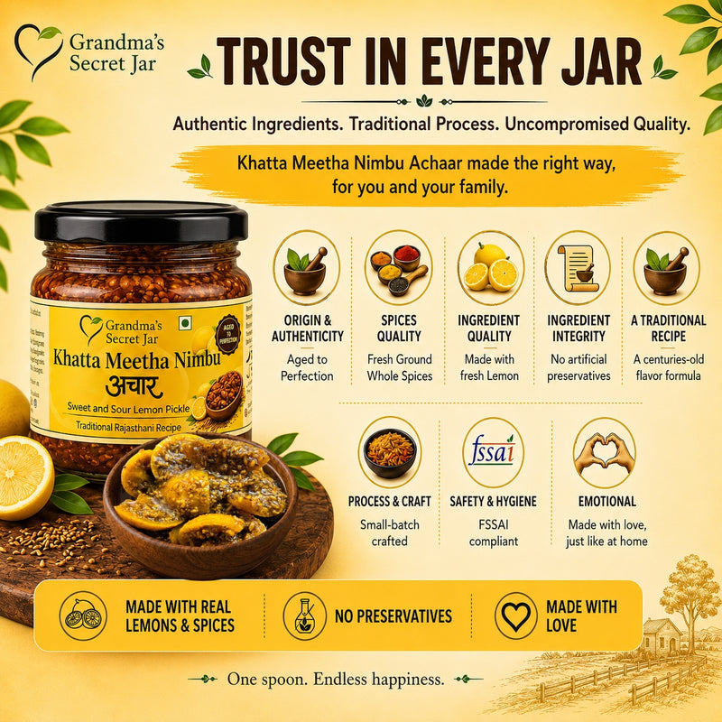 Grandma's Secret Jar Lemon pickle (350 g) | Khatta Meetha Nimbu Achaar | Aged to Perfection | Small Batch | Handmade | No Chemical Preservatives