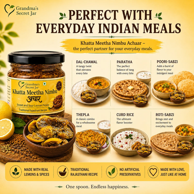 Grandma's Secret Jar Lemon pickle (350 g) | Khatta Meetha Nimbu Achaar | Aged to Perfection | Small Batch | Handmade | No Chemical Preservatives