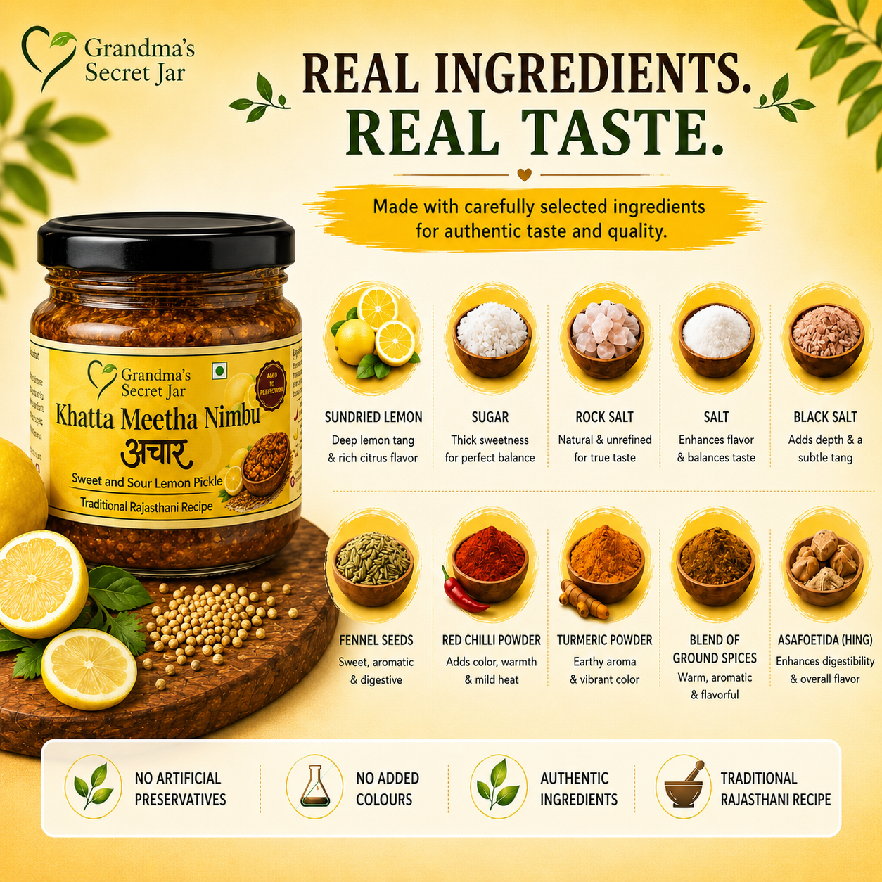 Grandma's Secret Jar Lemon pickle (350 g) | Khatta Meetha Nimbu Achaar | Aged to Perfection | Small Batch | Handmade | No Chemical Preservatives