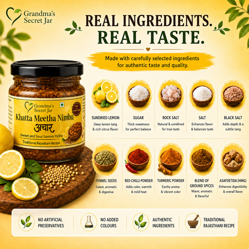 Grandma's Secret Jar Lemon pickle (350 g) | Khatta Meetha Nimbu Achaar | Aged to Perfection | Small Batch | Handmade | No Chemical Preservatives
