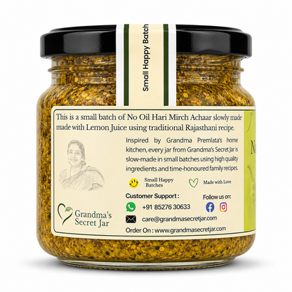 Grandma's Secret Jar No Oil Hari Mirch Achaar (275g) | Green Chilli Pickle in Lemon Juice | Traditional Rajasthani Pickle | Small Batch Handmade | No Artificial Preservatives