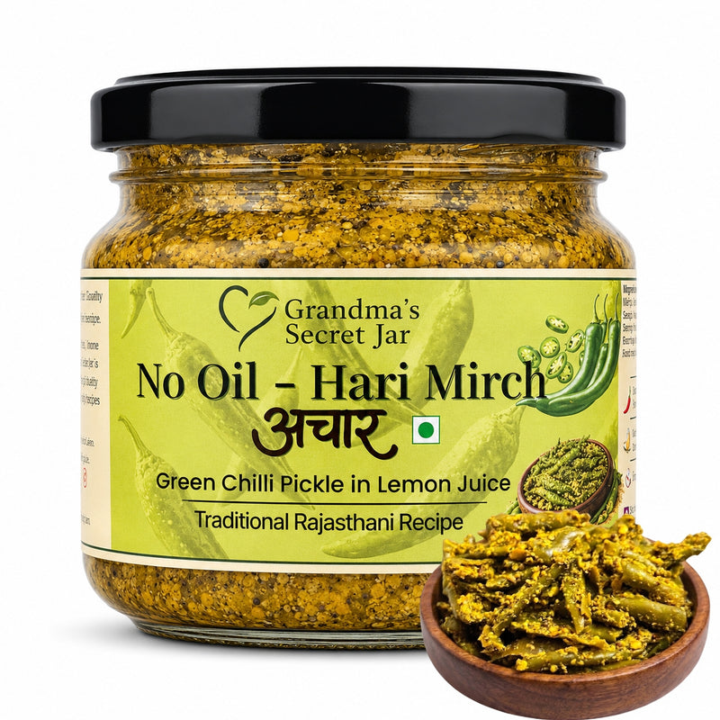 Grandma's Secret Jar No Oil Hari Mirch Achaar (275g) | Green Chilli Pickle in Lemon Juice | Traditional Rajasthani Pickle | Small Batch Handmade | No Artificial Preservatives