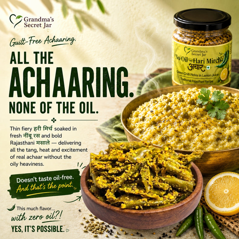 Grandma's Secret Jar No Oil Hari Mirch Achaar (275g) | Green Chilli Pickle in Lemon Juice | Traditional Rajasthani Pickle | Small Batch Handmade | No Artificial Preservatives