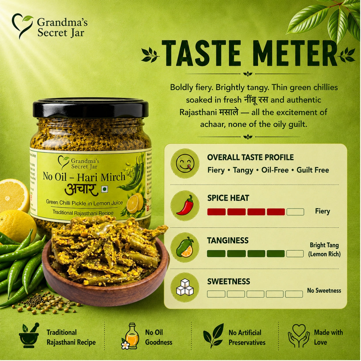 Grandma's Secret Jar No Oil Hari Mirch Achaar (275g) | Green Chilli Pickle in Lemon Juice | Traditional Rajasthani Pickle | Small Batch Handmade | No Artificial Preservatives