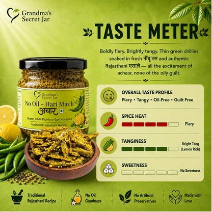 Grandma's Secret Jar No Oil Hari Mirch Achaar (275g) | Green Chilli Pickle in Lemon Juice | Traditional Rajasthani Pickle | Small Batch Handmade | No Artificial Preservatives