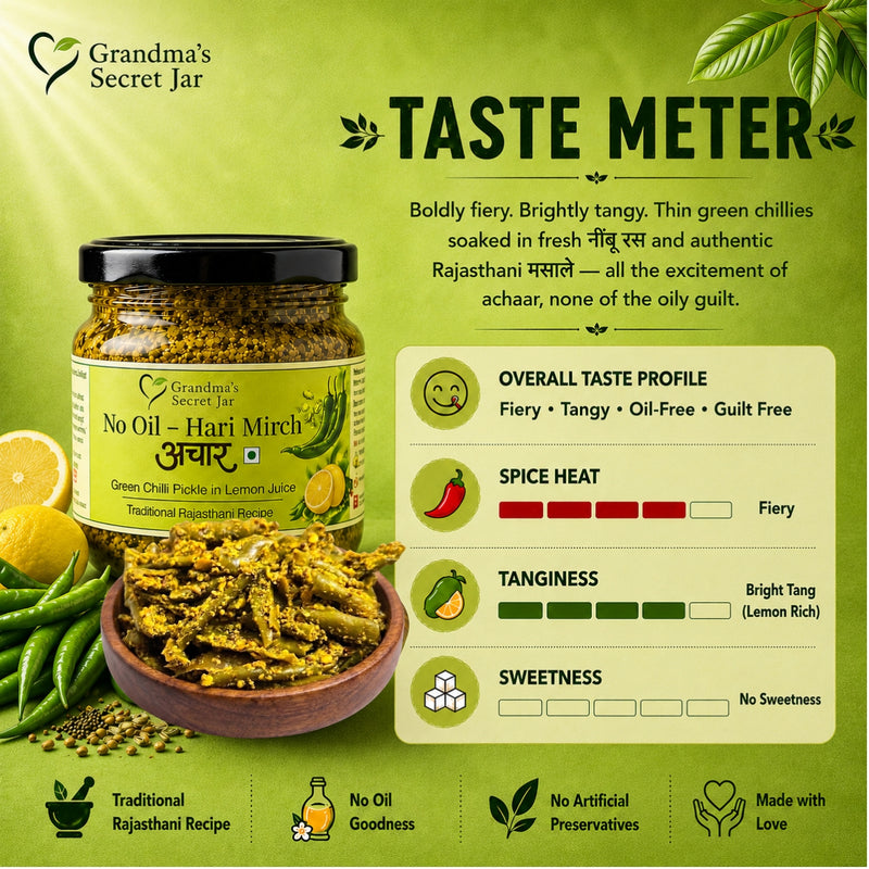 Grandma's Secret Jar No Oil Hari Mirch Achaar (275g) | Green Chilli Pickle in Lemon Juice | Traditional Rajasthani Pickle | Small Batch Handmade | No Artificial Preservatives