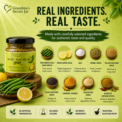 Grandma's Secret Jar No Oil Hari Mirch Achaar (275g) | Green Chilli Pickle in Lemon Juice | Traditional Rajasthani Pickle | Small Batch Handmade | No Artificial Preservatives