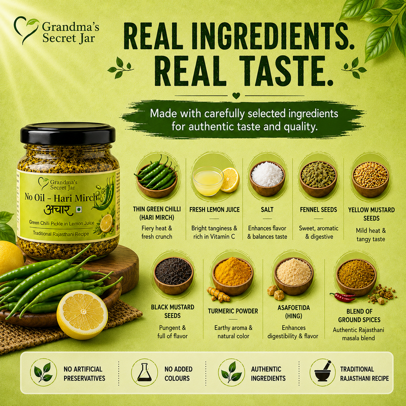 Grandma's Secret Jar No Oil Hari Mirch Achaar (275g) | Green Chilli Pickle in Lemon Juice | Traditional Rajasthani Pickle | Small Batch Handmade | No Artificial Preservatives