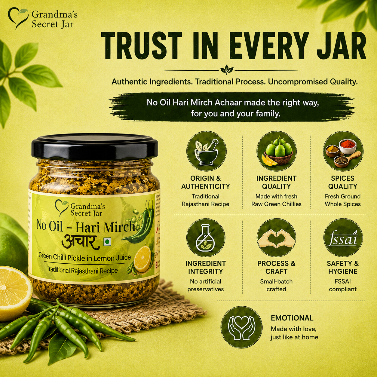 Grandma's Secret Jar No Oil Hari Mirch Achaar (275g) | Green Chilli Pickle in Lemon Juice | Traditional Rajasthani Pickle | Small Batch Handmade | No Artificial Preservatives